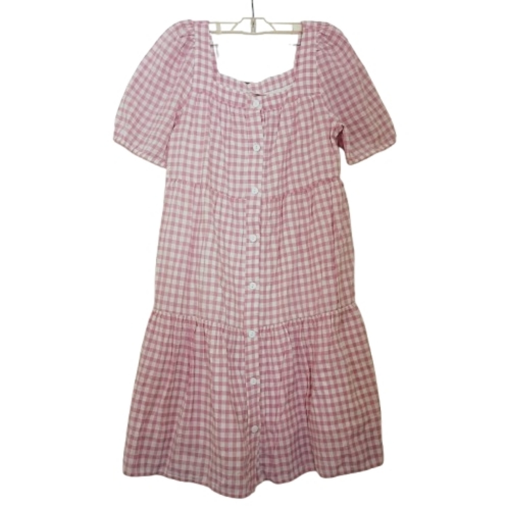 Cottagecore Checkered White Pink Tiered Square Neck Button Down Dress 4-6